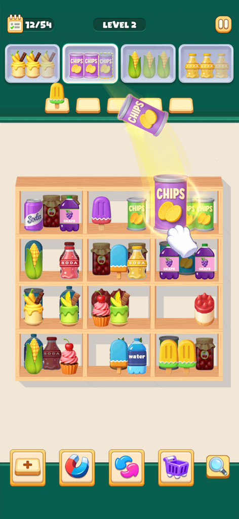 Goods Triple -Good Sort Master - Gameplay of Goods Triple Sort Master showing a hand organizing food items like chips and soda on a wooden shelf