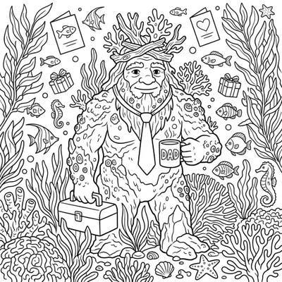 Celebrate Father's Day with an extraordinary underwater adventure! This unique coloring page features a wise sea-troll dad, complete with a tie and toolbox, ready for a special day in his oceanic realm.