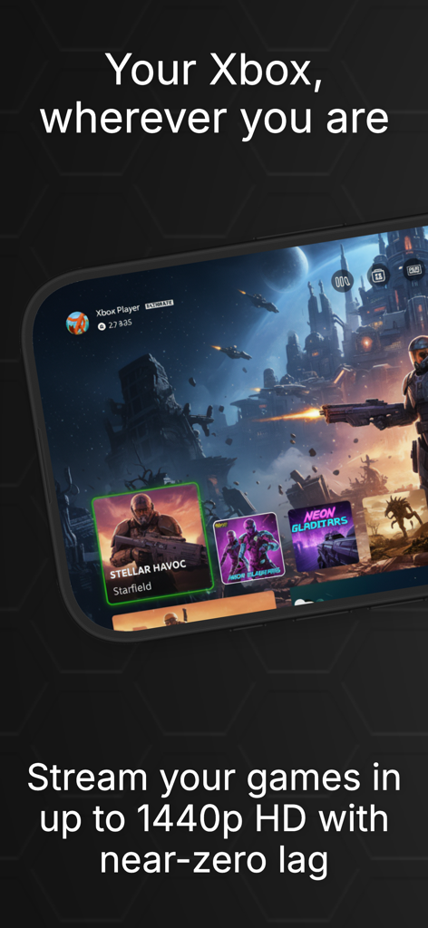 Xbox dashboard on iPhone showing 1440p game streaming with OneCast