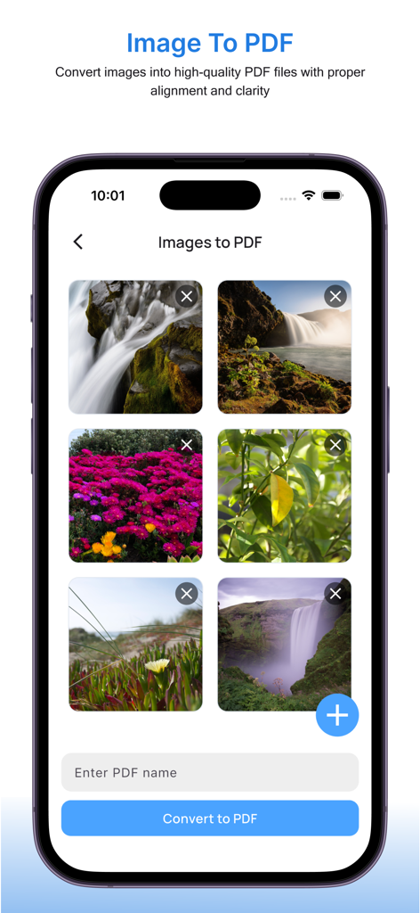 Document Scanner: PDF & OCR - PDF変換のために複数の画像が選択されていることを示すモバイルアプリのインターフェイス