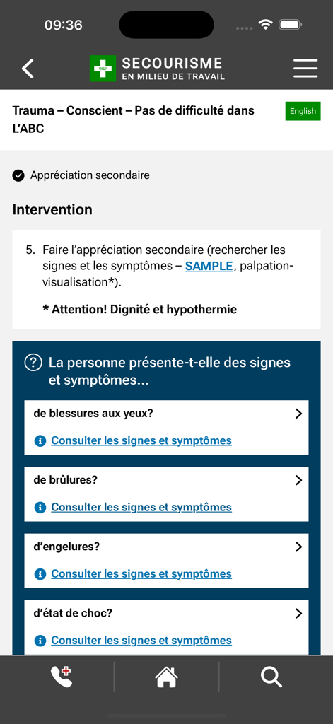 Interface of the workplace first aid app showing trauma intervention steps and assessment for eye injuries and burns