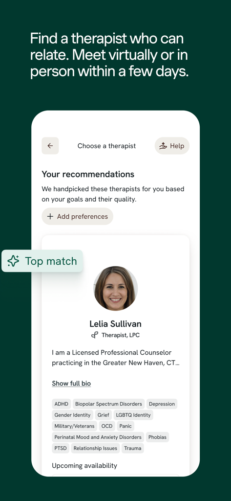 Spring Health 모바일 앱 화면에 맞춤형 치료사 추천 및 임상 전문가 프로필이 표시됨