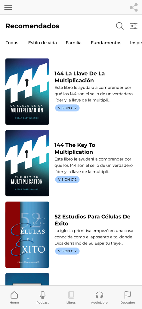César Castellanos - Recommended Christian books and G12 Vision leadership resources within the César Castellanos app.