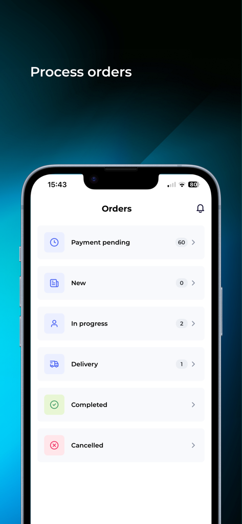 A mobile app interface showing a dashboard for processing business orders with categories like payment pending, new, and in progress.