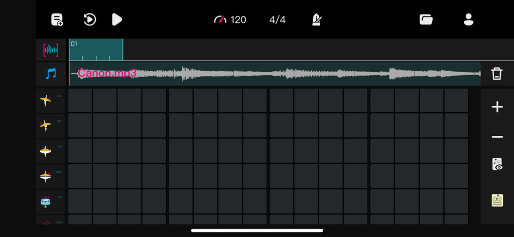 DrumScore - Drum Sheet Music - DrumScore app interface showing a grid-based rhythm editing tool with an audio waveform and drum set icons.