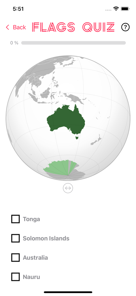 Flags & Countries Quiz! - Geography quiz screen with a globe highlighting Australia and multiple choice options for country names