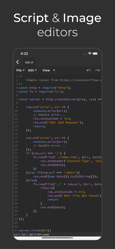 Una pantalla móvil que muestra el editor de scripts en Node js Lab con un fragmento de código JavaScript para un servidor simple