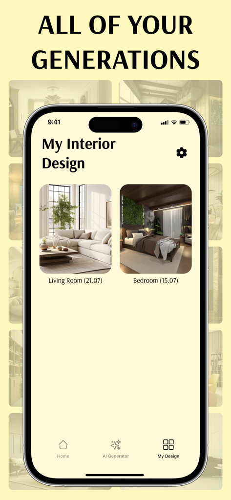 Eine mobile Benutzeroberfläche, die eine Galerie von gespeicherten KI-generierten Innenarchitekturdesigns für ein Wohnzimmer und ein Schlafzimmer anzeigt