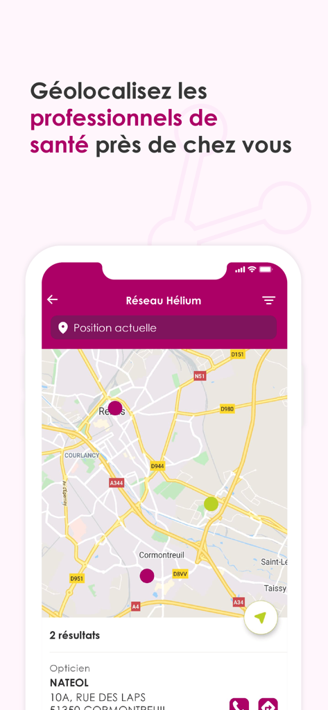 Interface de carte de l'application Hélium montrant les emplacements des professionnels de santé à proximité.
