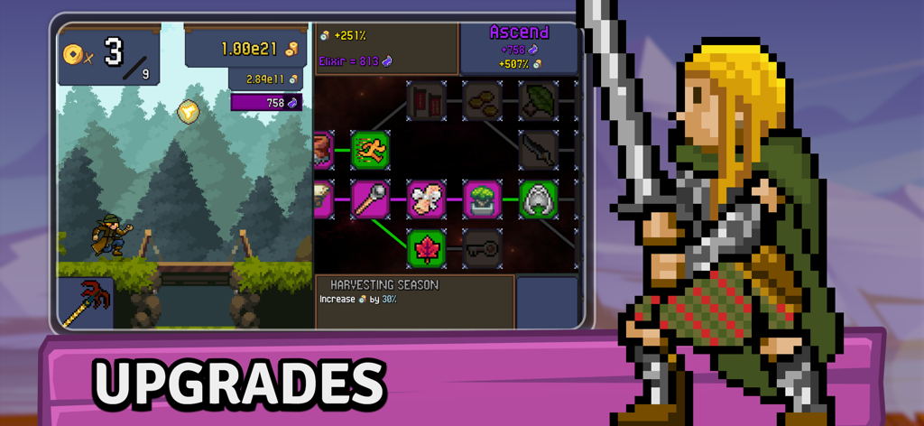 Tap Ninja - Idle Game - Tap Ninja idle game upgrade menu showing skill tree and pixel art character