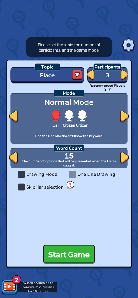 Game configuration menu for Liar Game Global showing topic selection and player settings