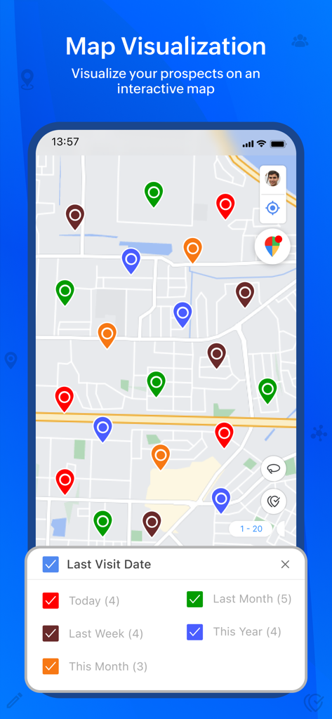 最終訪問日の色分けされたフィルターで、営業担当者の候補者を示すインタラクティブマップ