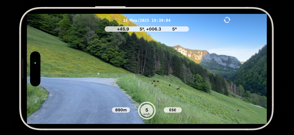 DashCam Recorder iPhone app recording a scenic mountain road with real-time speed and altitude metadata overlays