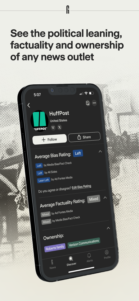 Ground News app interface showing news source bias and factuality ratings