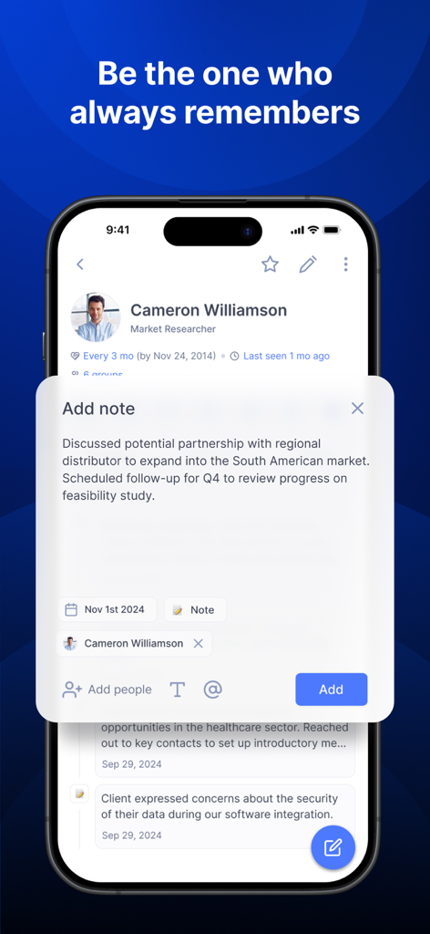 Dex - Rolodex and Personal CRM - Interfaz de la aplicación Dex mostrando la ventana modal para añadir notas en el perfil de un contacto profesional para la gestión de relaciones