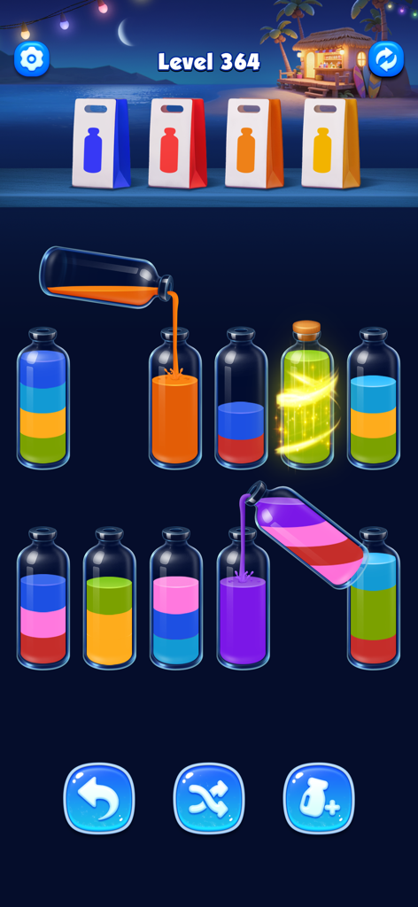 Jogabilidade de Water Sort 3D mostrando líquido colorido sendo despejado entre garrafas de vidro em um nível de praia.