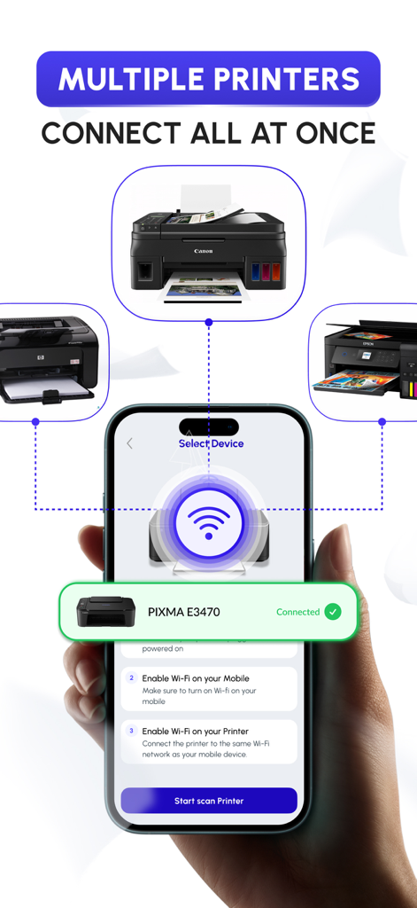 Pantalla de la aplicación de smartphone que muestra una conexión Wi-Fi exitosa a varios modelos de impresora a la vez