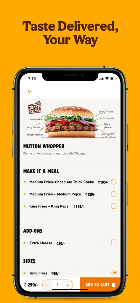 Burger King app menu showing Mutton Whopper with meal options and customization