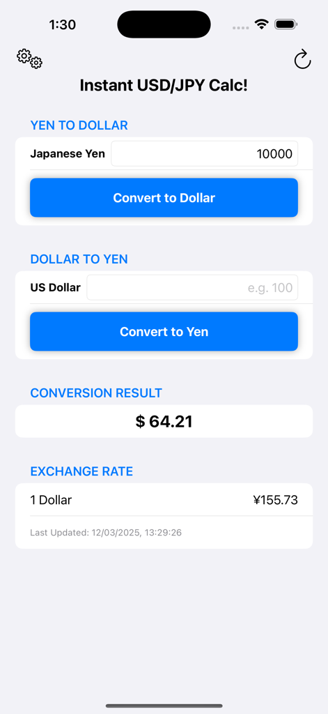 Instant USD/JPY Calc! - Mobile app interface of Instant USD JPY Calc showing Yen to Dollar currency conversion and real time exchange rate