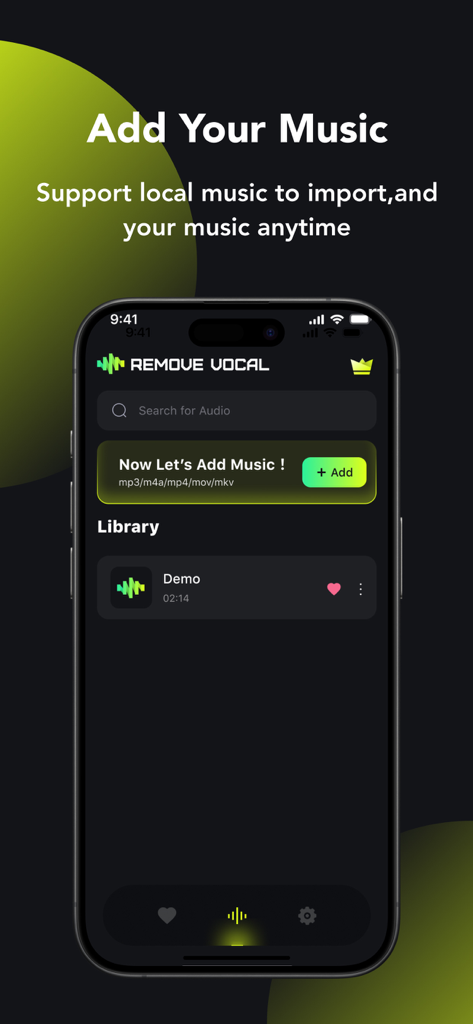 Music Splitter: Separate Audio - Captura de tela do aplicativo Music Splitter mostrando a tela Adicionar Sua Música com opções para importar arquivos de áudio locais para separação de vocais