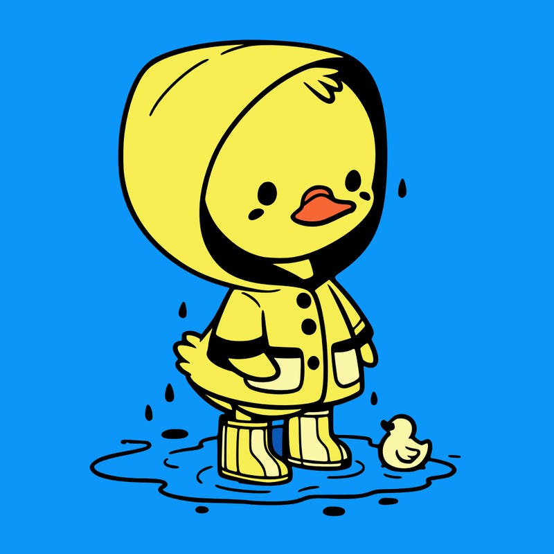 baby duck in a rain coat and boots, in a puddle while it’s raining