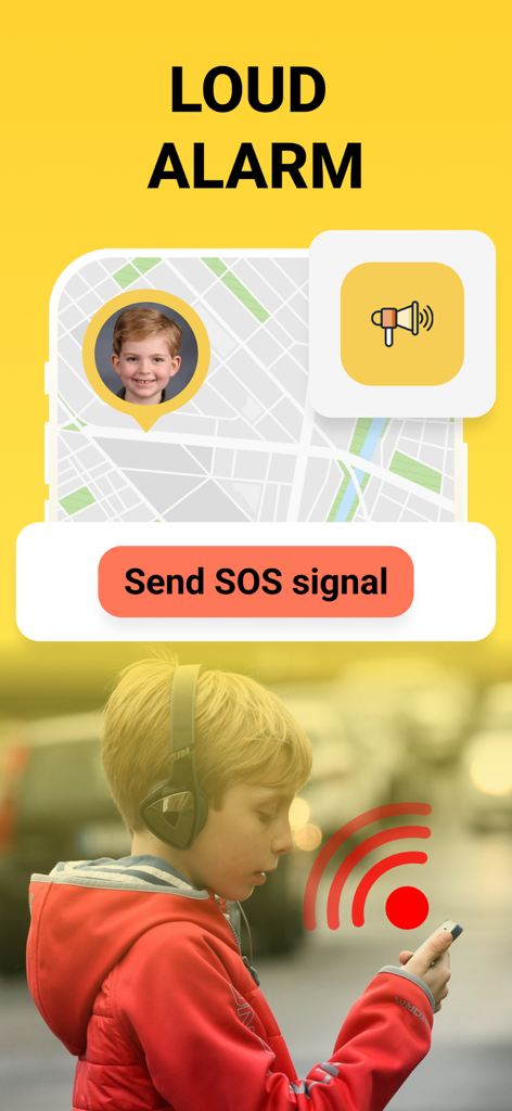 Geopapa: GPS location tracker - Geopapa app interface showing the loud alarm and SOS signal feature for child safety