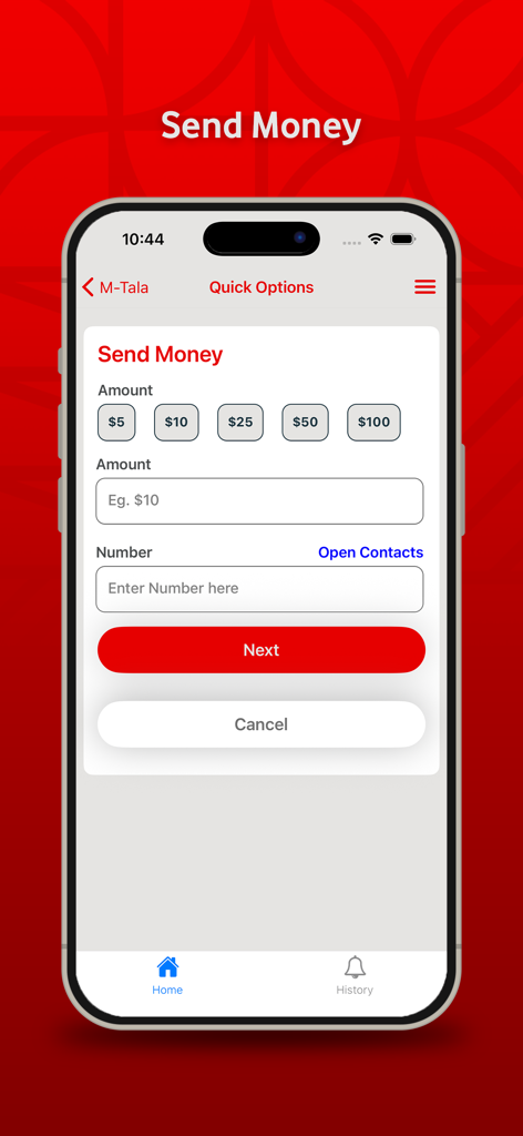 M-Tala - Pantalla Enviar Dinero de la aplicación móvil M-Tala que muestra botones de selección rápida de importe y campo de número de teléfono del destinatario