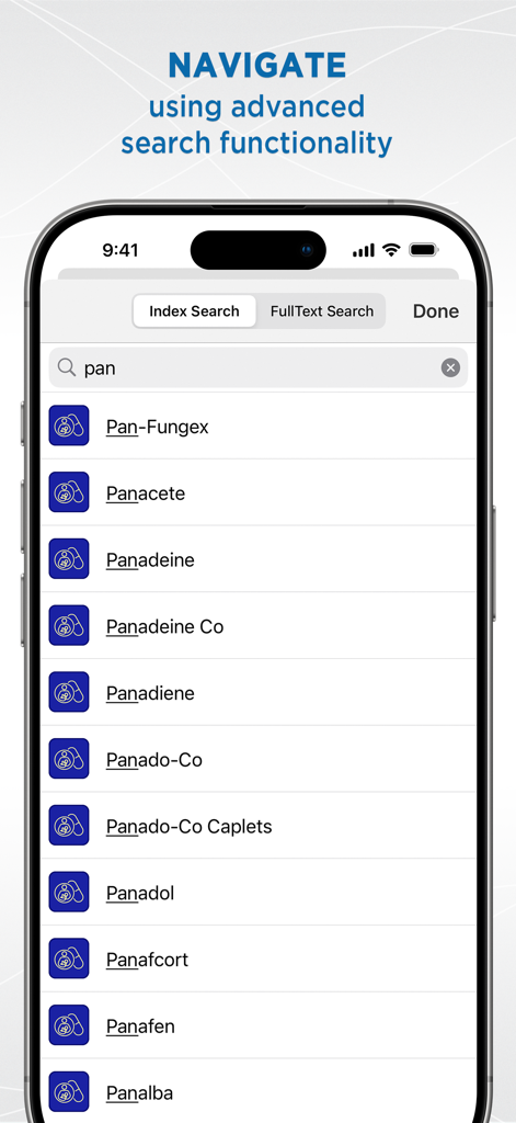 LactMedアプリの検索画面。テキスト「pan」で始まる医薬品のリストが表示されます。