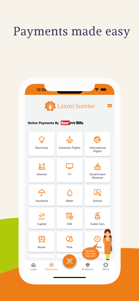 Laxmi Sunrise Mobile Money - Laxmi Sunrise Mobile Money app payments screen displaying various bill payment options like electricity internet and flights
