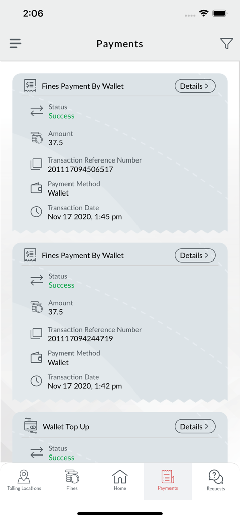 Payment history screen in the DARB app showing successful fine payments and wallet top ups