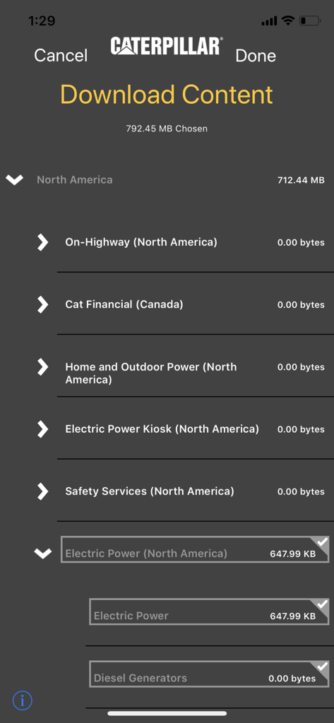 Screenshot of the Download Content screen in the Cat Virtual Showroom app showing various equipment categories for North America