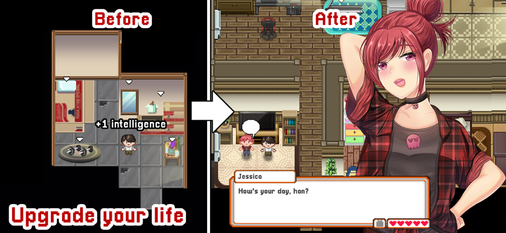 Before and after comparison of character progression and home life in Citampi Stories