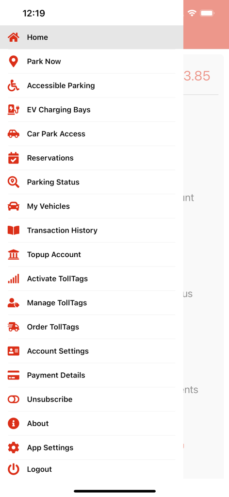 ParkMagicアプリのサイドナビゲーションメニュー。駐車場および料金管理オプションが表示されます。