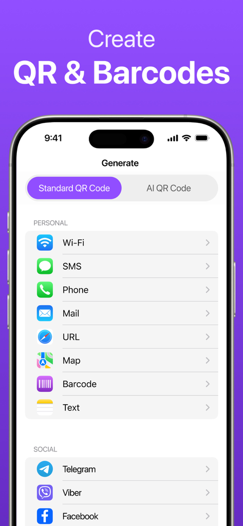 A mobile interface showing options to generate standard and AI QR codes for WiFi, SMS, URLs, and social media