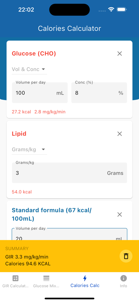 Dextrose Calc - GIR Calculator - Calories calculator screen showing glucose lipid and formula inputs with a summary of total GIR and calories.