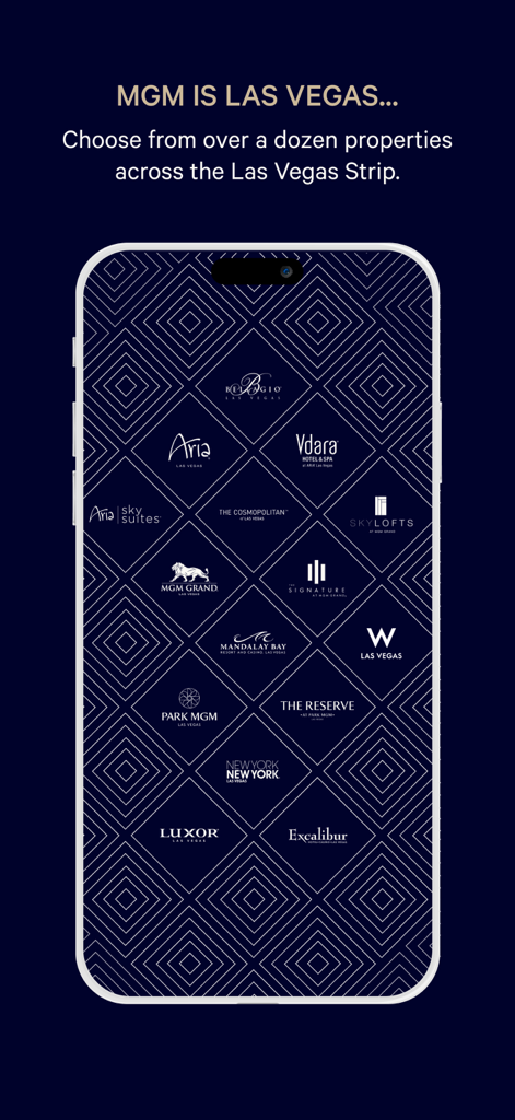 MGM Rewards - Écran de l'application MGM Rewards affichant les logos de différents établissements de Las Vegas, dont le Bellagio et l'Aria.