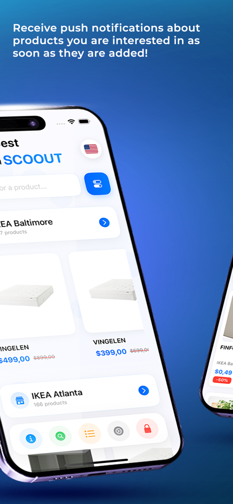 Scoout – Search IKEA products - Interfaz de la app Scoout mostrando productos IKEA con descuento y alertas de notificación push