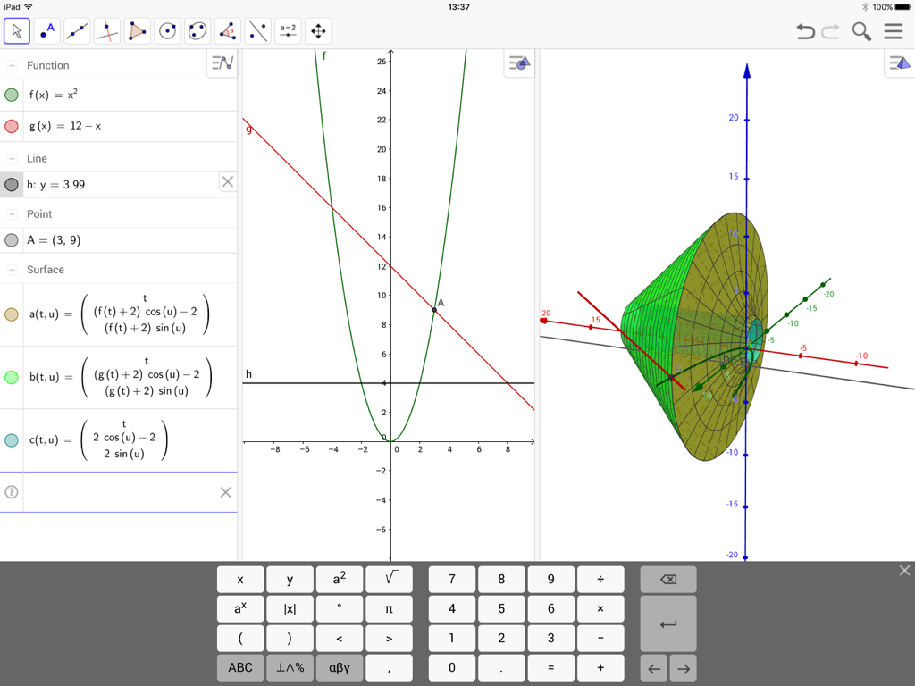 Interface iPad de GeoGebra Classic affichant des fonctions algébriques aux côtés de graphiques 2D et 3D interactifs
