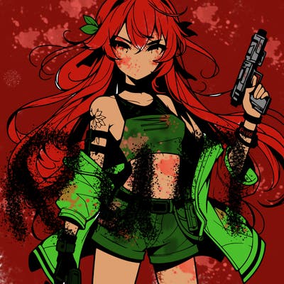 bad girl wearing crop top holding a gun long hair anime