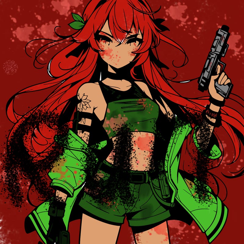 bad girl wearing crop top holding a gun long hair anime