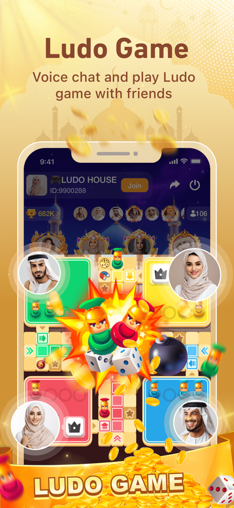 YouStar-Group Voice Chat Room - Écran de l'application YouStar présentant un jeu de Ludo social avec chat vocal de groupe et avatars multiculturels