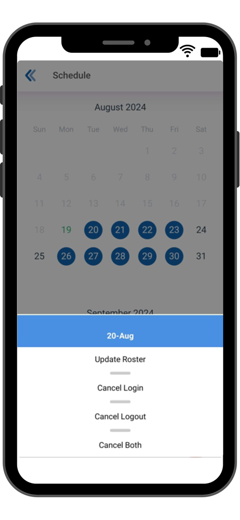Routematic mobile app interface showing a calendar schedule for managing employee commute rosters