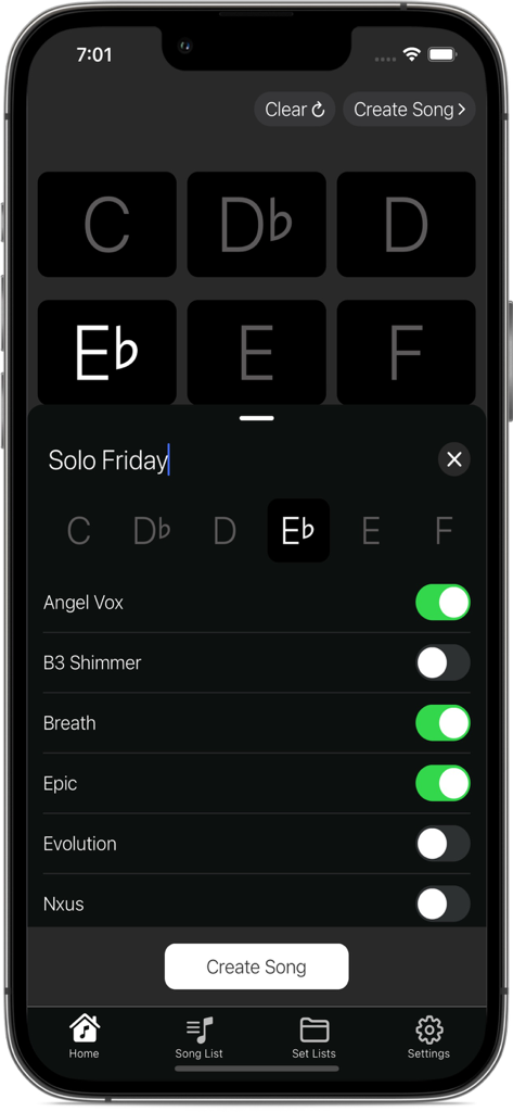 SoftPads App-Benutzeroberfläche zum Erstellen von benutzerdefinierten Ambient-Hintergrund-Loops durch Schichten von Sounds und Auswahl von musikalischen Tonarten