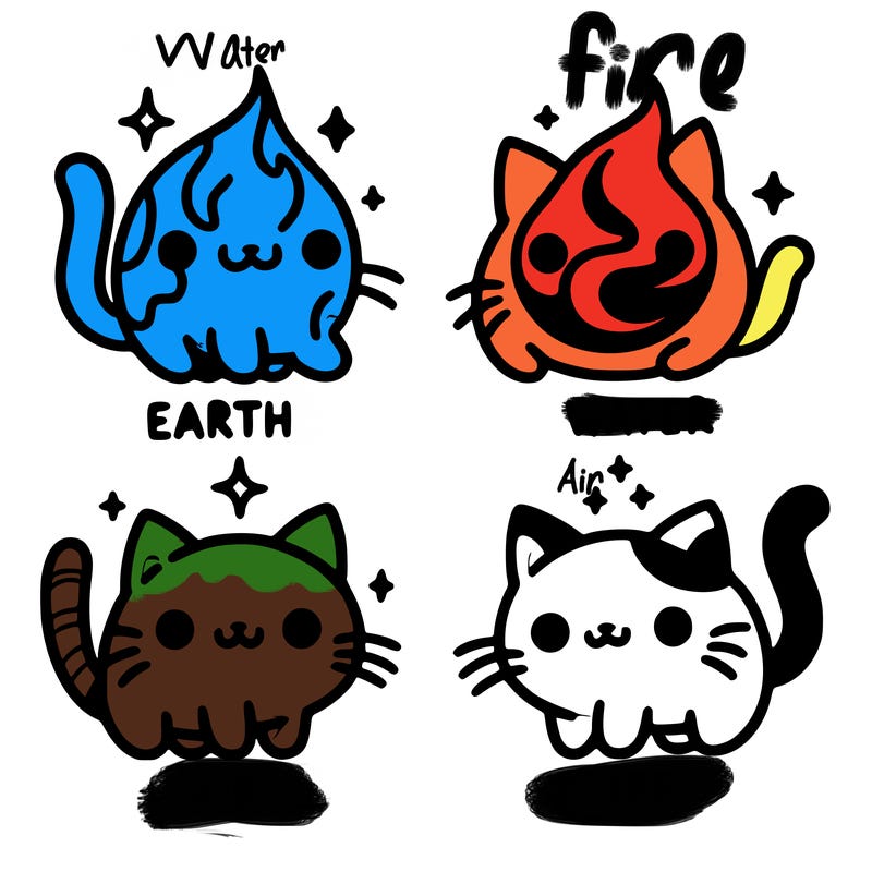 4 cats that represent the different elements, earth, water, air, and fire