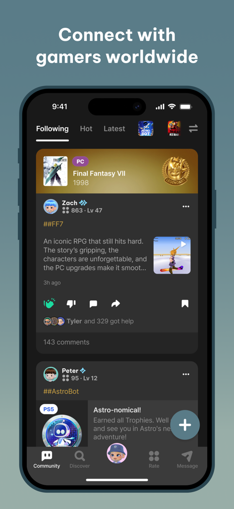 FUZE: Gaming Community - Mobile app interface of FUZE showing a social feed with user reviews for Final Fantasy VII and Astro Bot.