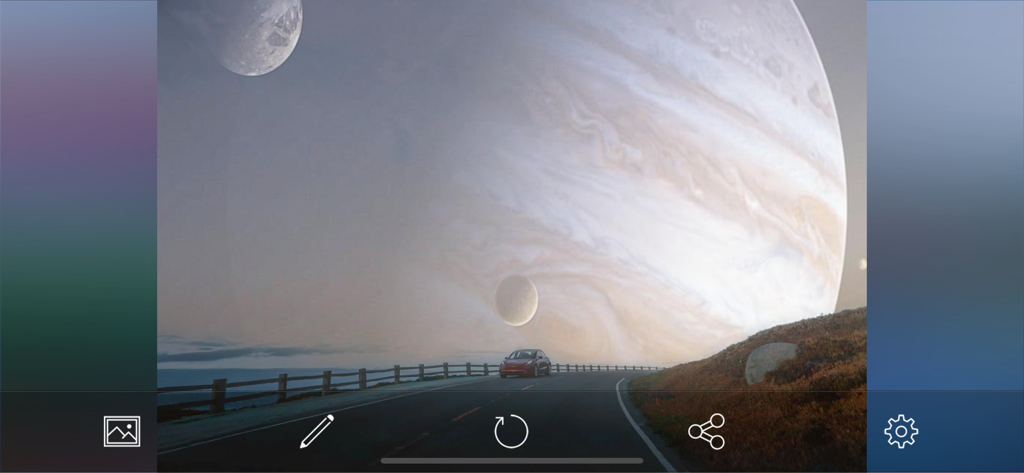 SkyAR - AI Change Photo Sky - A car driving on a road with a giant planet and moons replaced in the sky using AI
