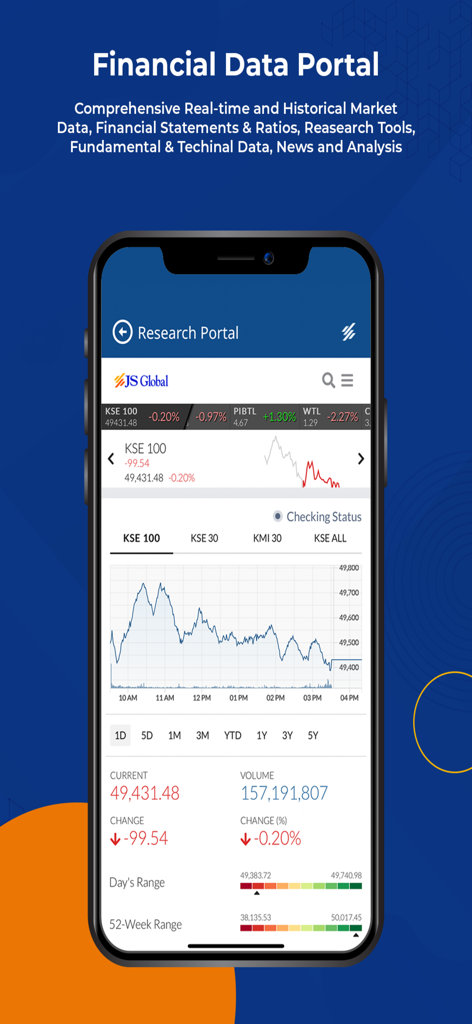 JS InvestPro - JS InvestPro app displaying a real-time KSE 100 stock market chart and financial data portal