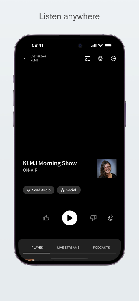 RadioOnTheGo - RadioOnTheGo mobile app interface showing the KLMJ Morning Show live stream with playback controls