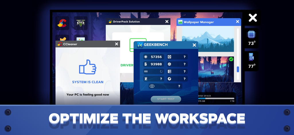 Una captura de pantalla del escritorio virtual de PC en PC Creator 2 que muestra herramientas de limpieza de sistemas y benchmarks