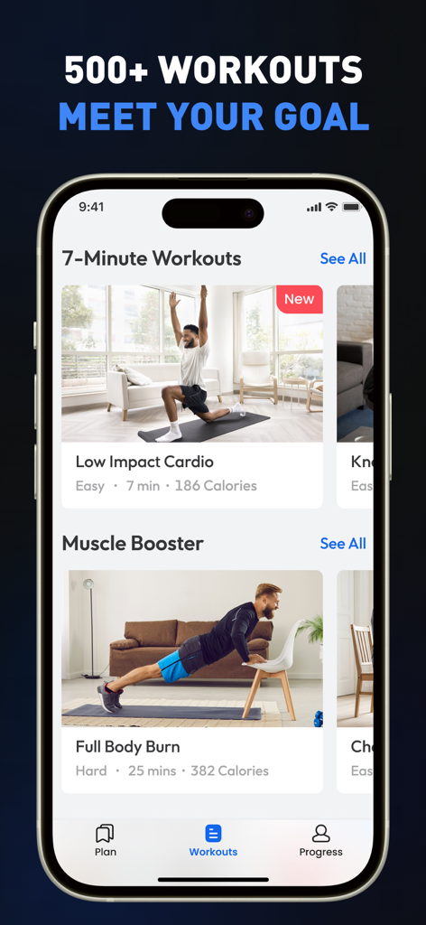 Chair Workout for Men~Easy Fit - Pantalla de smartphone que muestra categorías de entrenamiento como Rutinas de 7 Minutos y Potenciador Muscular en la aplicación Rutina de Silla para Hombres.